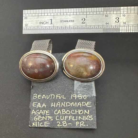 Vintage 1950s Handmade Agate Cuff Links Set Pair Silver Mesh Brown Stone Classic - Picture 3 of 8